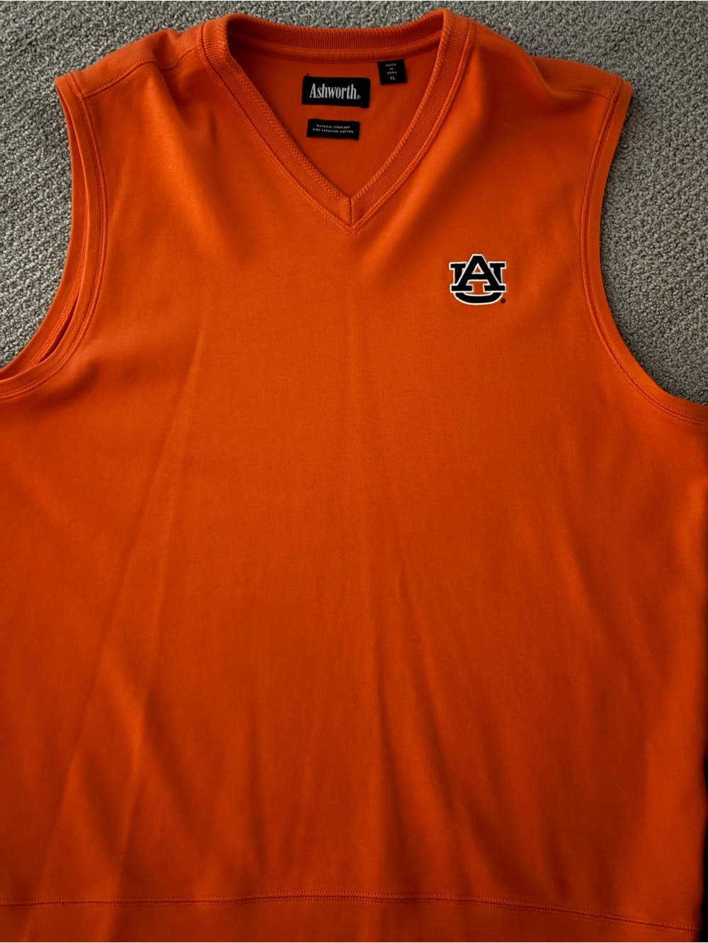 Ashworth Orange V-neck vest with Auburn AU Logo